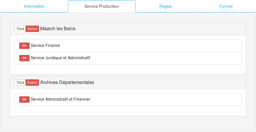 Onglet Service Producteur de l'accord de versement